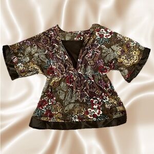 Flowy Fit & Flare Sheer Top with Attached Cami Size L Brown Floral Red Gold